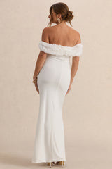 Inflorescence | White Mesh Floral Bardot Maternity Maxi Dress