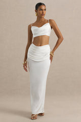 Una | White Ruched Cowl-Neck Crop Top