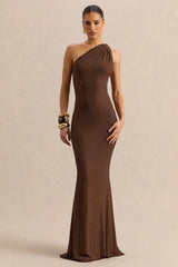 Deity | Brown Embellished Asymmetric-Neck Maxi Dress With Open-Back