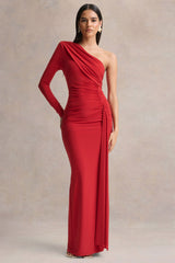 Anne | Red Asymmetric-Neck Wrapped Maxi Dress With Sash