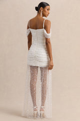 Millie | White Mesh Bardot-Neck Mini Dress With Draped Detailing