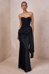 Nalira | Black Satin Bandeau Maxi Dress With Draped Skirt