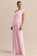 Sabianna | Pink Asymmetric-Neck Maxi Dress With Draped Detailing