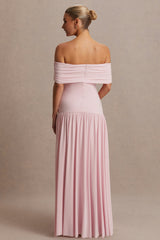 Juliette | Blush Pink Bardot-Neck Maternity Maxi Dress With Drop-Waist