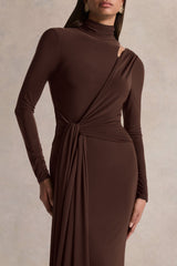 Alastrina | Brown High-Neck Maxi Dress With Gathered-Detailing