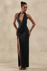 Junia | Black Plunge-Neck Wrap Maxi Dress
