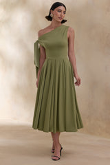 Daring | Olive Asymmetric-Neck Midi Dress With Knot-Detail