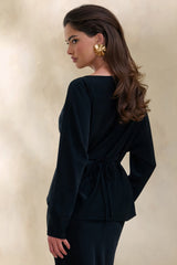 Miravia | Black Satin Wide-Neck Long-Sleeve Top