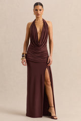 Ariadne | Dark Brown Draped Maxi Skirt With Split