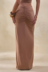 Idris | Brown Twisted Waist Maxi Skirt With Front Split