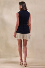 Anise | Navy Crew-Neck Belted Mini-Dress With White Pleated-Hem