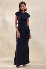 Whispera | Navy Crew-Neck Maxi Dress With Satin Skirt And Pocket-Details