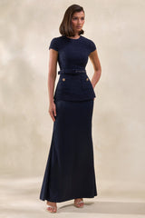 Whispera | Navy Crew-Neck Maxi Dress With Satin Skirt And Pocket-Details