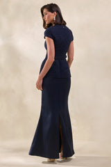 Whispera | Navy Crew-Neck Maxi Dress With Satin Skirt And Pocket-Details