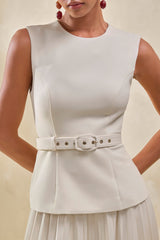 Karienne | Cream Round-Neck Top With Belted-Detail