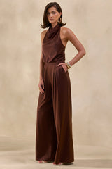 Elisra | Brown Satin Halter-Neck Jumpsuit
