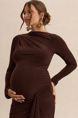 Kamira | Dark Brown Round-Neck Maternity Maxi Dress With Gathered Detailing