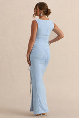 Alitha | Light Blue Round-Neck Maternity Maxi Dress With Ruched Detailing And Front Split