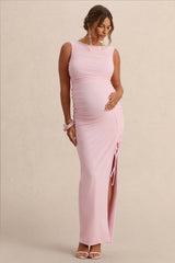 Alitha | Light Pink Round-Neck Maternity Maxi Dress With Ruched Detailing And Front Split