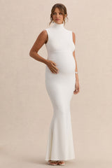 Saffira | White High-Neck Maternity Maxi Dress With Draped Detailing