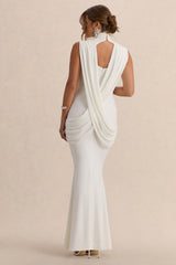 Saffira | White High-Neck Maternity Maxi Dress With Draped Detailing