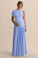 Naida | Light Blue Round-Neck Maternity Maxi Dress With Draped Detailing