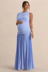 Naida | Light Blue Round-Neck Maternity Maxi Dress With Draped Detailing