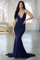 Irreplaceable | Navy Backless Bum Ruched Fishtail Maxi Dress