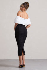 Olea | Black & White Ruched Bardot Midi Dress With Flowers