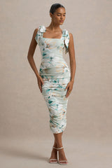 Cordelia | Green Floral Print Bodycon Midi Dress With Bow Straps
