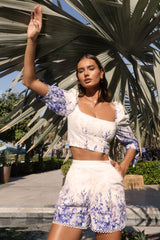 Bibi | Wisteria Print Linen Puff-Sleeve Top