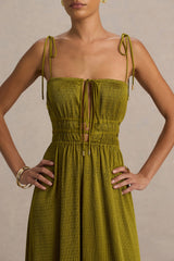 Azalea | Green Square-Neck Maxi Dress With Chest Cut-Out And Pleated Detailing