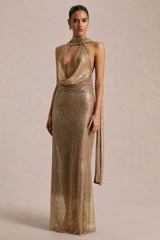 Anele | Gold Sequin High-Neck Sheer Maxi Dress With Sash And Open-Back