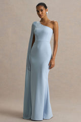 Athens | Powder Blue Asymmetric-Neck Maxi Dress With Cape Sleeve Detail