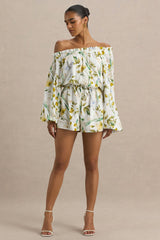 Waterfall | White Botanical Print Linen Asymmetric Long-Sleeve Playsuit
