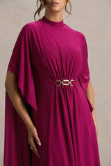 Olessia | Burgundy Belted Gathered Cape-Sleeve Maxi Dress