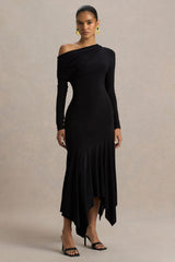 Isola | Burgundy Asymmetric-Neck Midi Dress With Hanky-Hem
