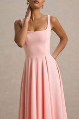 Parina | Pink Strappy Volume-Hem Midi Dress