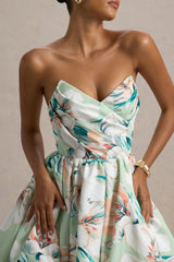 Georgie | Green Floral Print Sweetheart Puffball Mini Dress