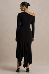 Isola | Burgundy Asymmetric-Neck Midi Dress With Hanky-Hem