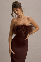 Dress For It | Brown Satin Feather Trim Bandeau Maxi Dress