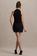 Bronwyn | Black Lace Plunge-Neck Buttoned Mini Dress