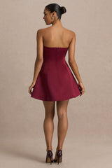 Lioray | Burgundy Satin Bandeau-Neck A-Line Mini Dress