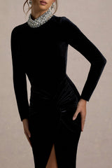 Love Lost | Black Velvet Embellished Twist Maxi Dress