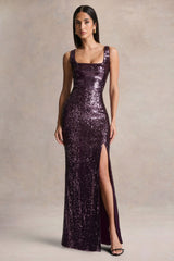High Life | Plum Sequin Square-Neck Maxi Dress With Front-High Split