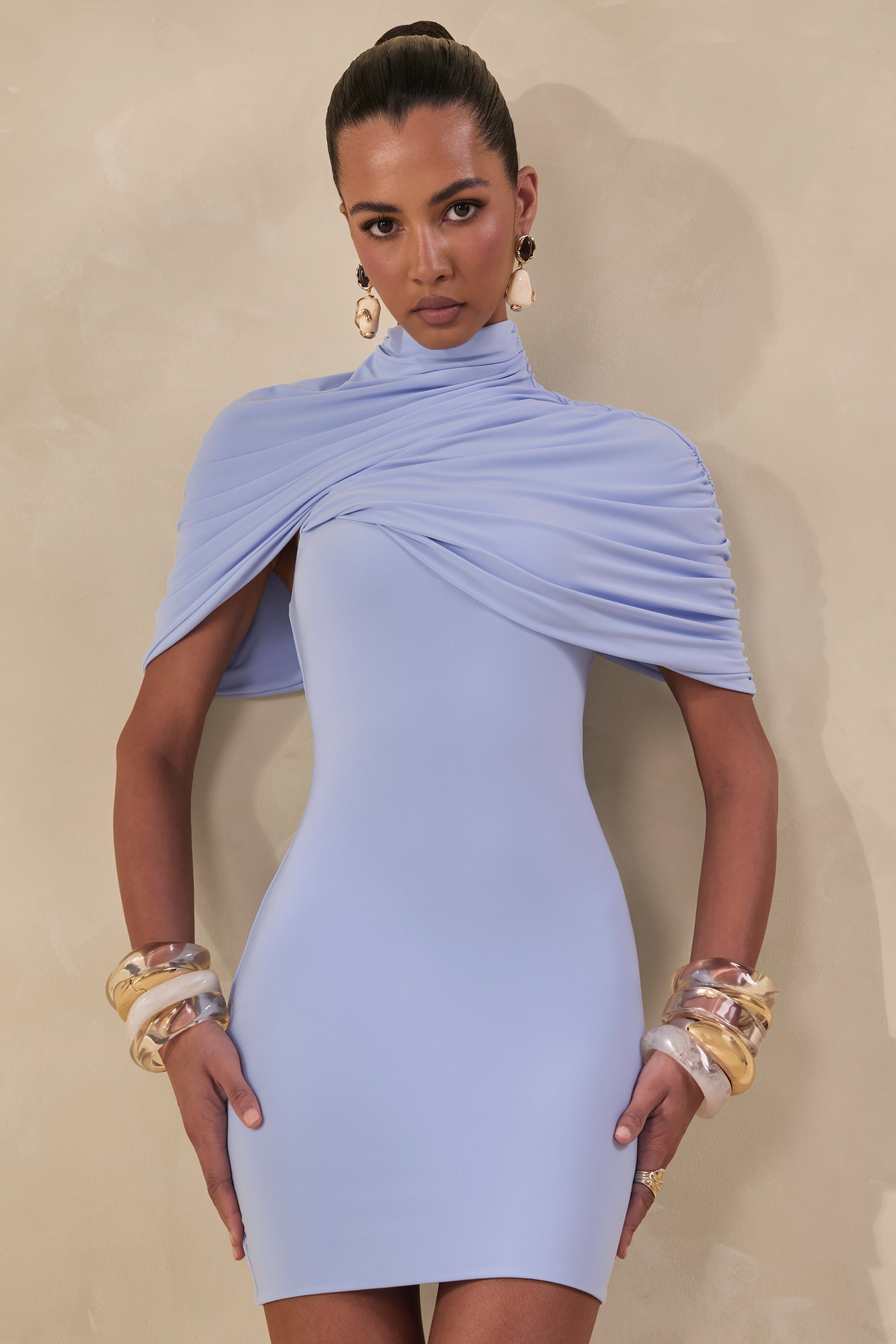 Perdi | Powder Blue Bodycon Mini Dress With Twisted Cape