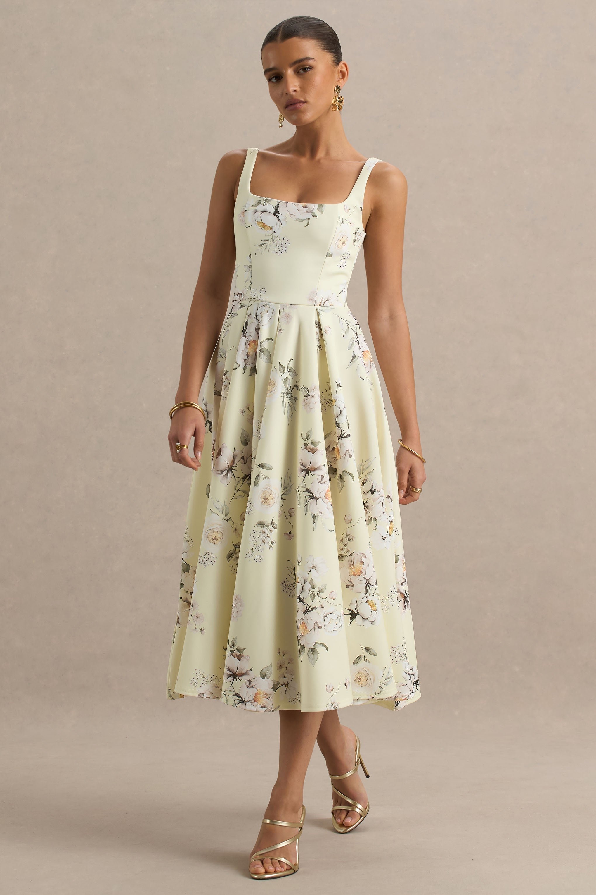 Lissa | Lemon Floral Bouquet Print Square-Neck Midi Dress