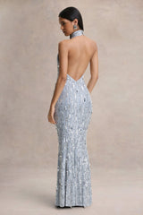 Zaira | Silver Sequin High-Neck Maxi Dress With Open-Back