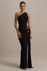 Bonnie | Black Asymmetric-Neck Maxi Dress With Open-Back