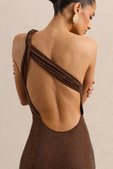 Deity | Brown Embellished Asymmetric-Neck Maxi Dress With Open-Back